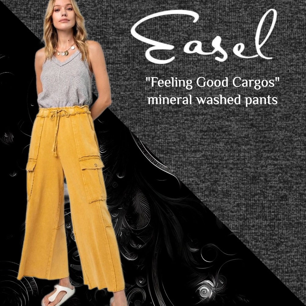 EASEL "Feeling Good Cargo" Mineral Washed Raw Seams Extra Wide Leg Utility Pants